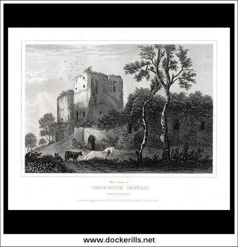 West Tower Of Goodrich Castle, Herefordshire, England. Antique Print, Steel Engraving c. 1846.