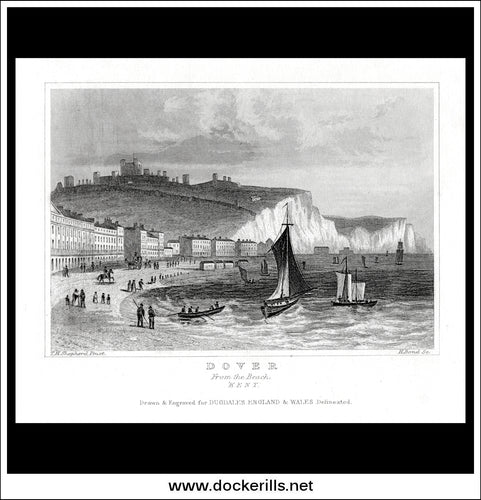 Dover From The Beach, Kent, England. Antique Print, Steel Engraving c. 1846.