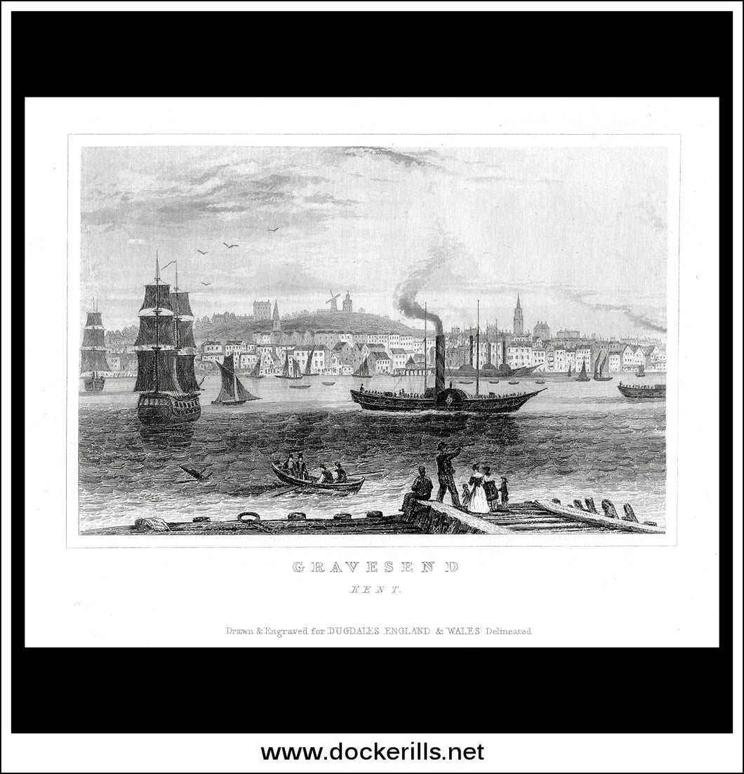 Gravesend, Kent, England. Antique Print, Steel Engraving c. 1846.