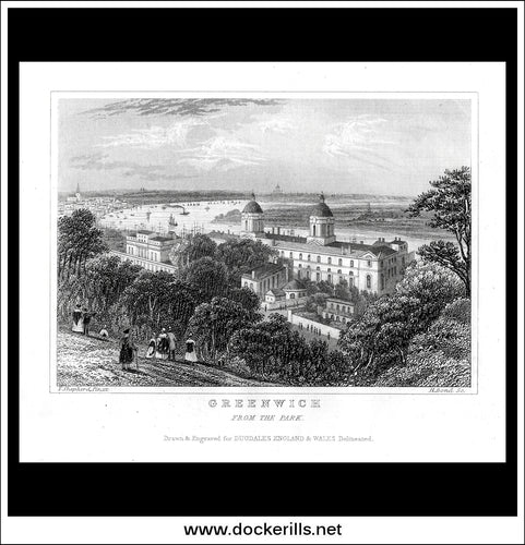 Greenwich From The Park, Kent, England. Antique Print, Steel Engraving c. 1846.