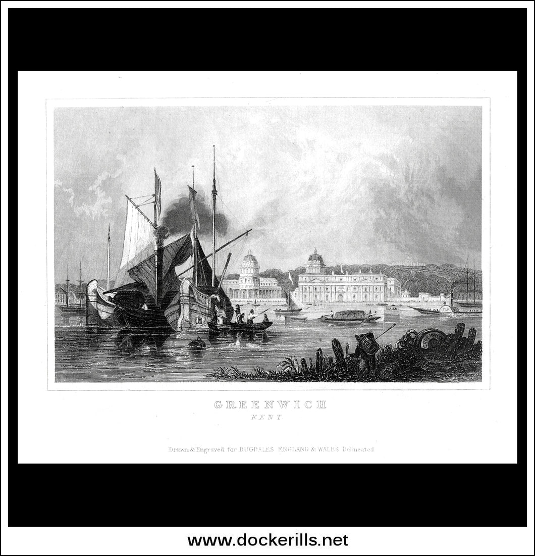 Greenwich, Kent, England. Antique Print, Steel Engraving c. 1846.