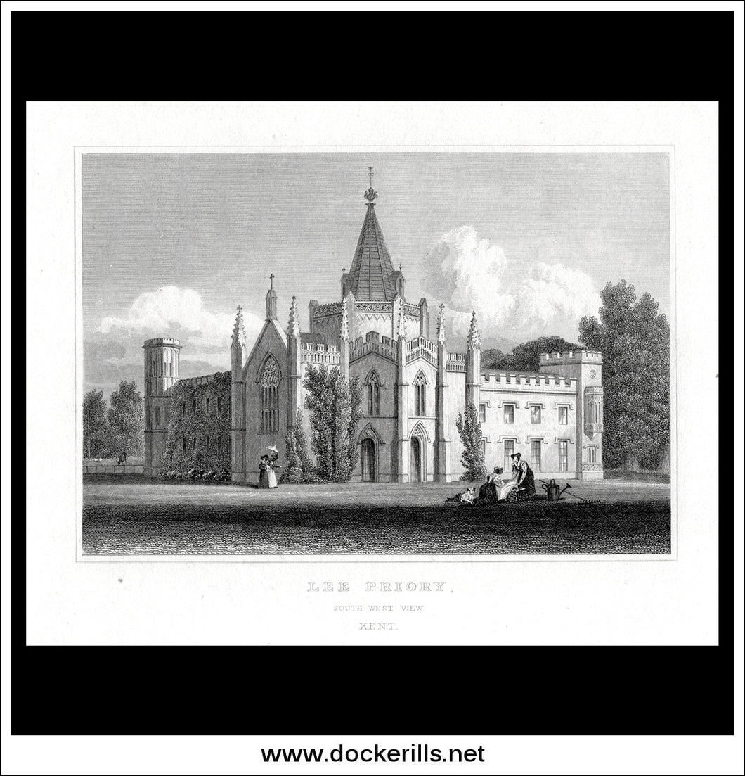 Lee Priory, South West View, Kent, England. Antique Print, Steel Engraving c. 1830.