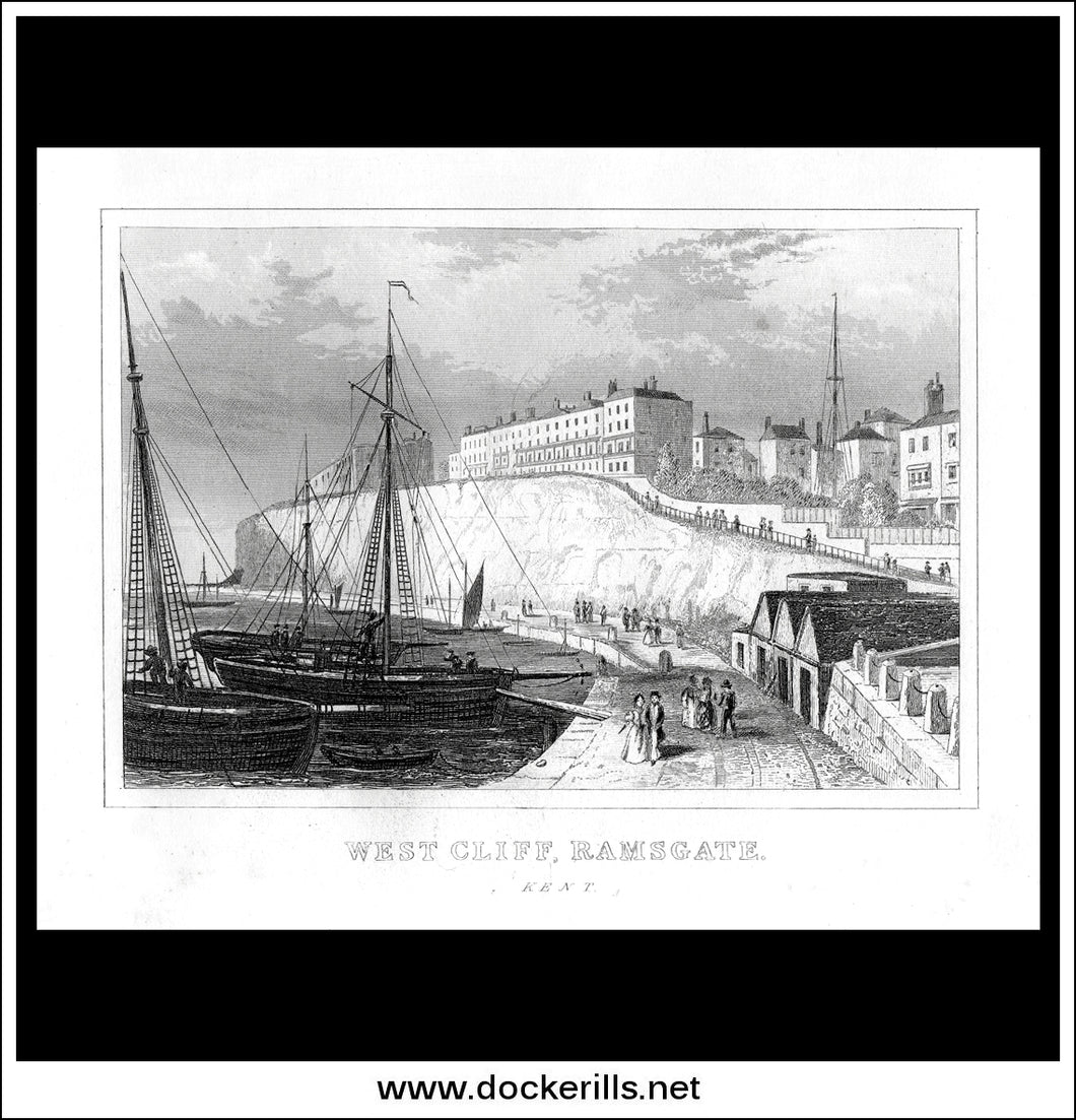 West Cliff. Ramsgate, Kent, England. Antique Print, Steel Engraving c. 1846.