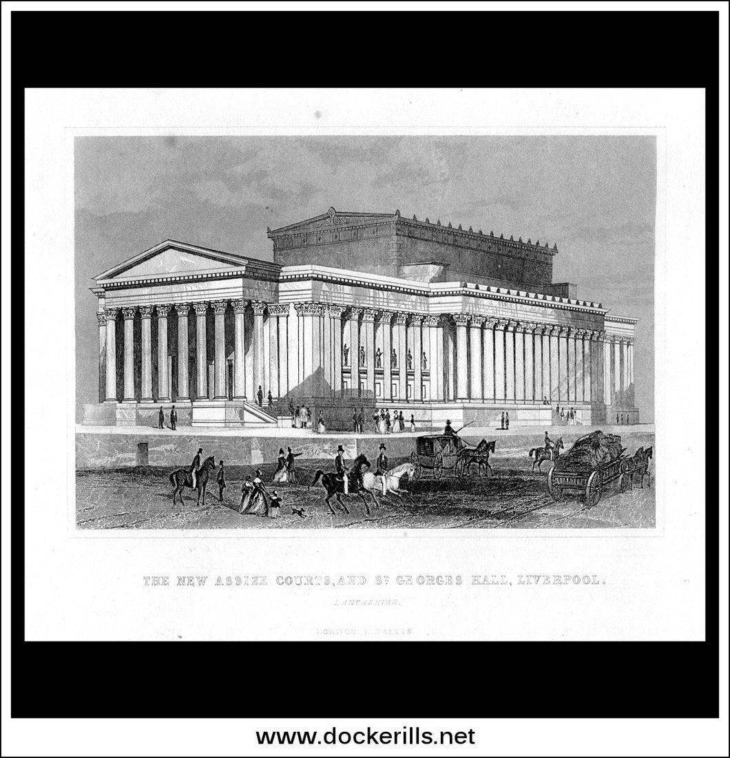 The New Assize Courts, And St. Georges Hall, Liverpool, Lancashire, England. Antique Print, Steel Engraving c. 1846.