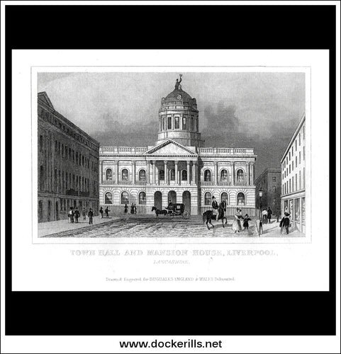 Town Hall And Mansion House, Liverpool, Lancashire, England. Antique Print, Steel Engraving c. 1846.