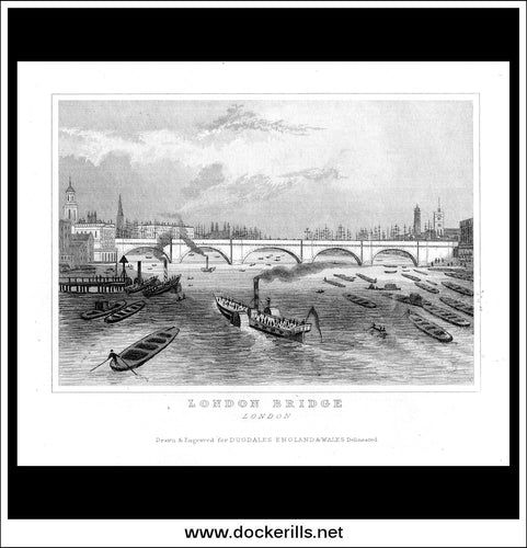 London Bridge, London, Middlesex, England. Antique Print, Steel Engraving c. 1846.