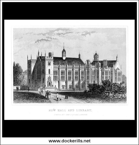 New Hall And Library, Lincoln's Inn Fields, London, Middlesex, England. Antique Print, Steel Engraving c. 1846.