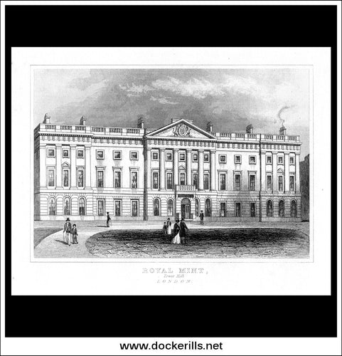 Royal Mint Tower Hill, London, Middlesex, England. Antique Print, Steel Engraving c. 1846.