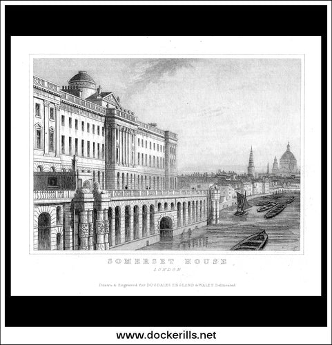 Somerset House, London, Middlesex, England. Antique Print, Steel Engraving c. 1846.