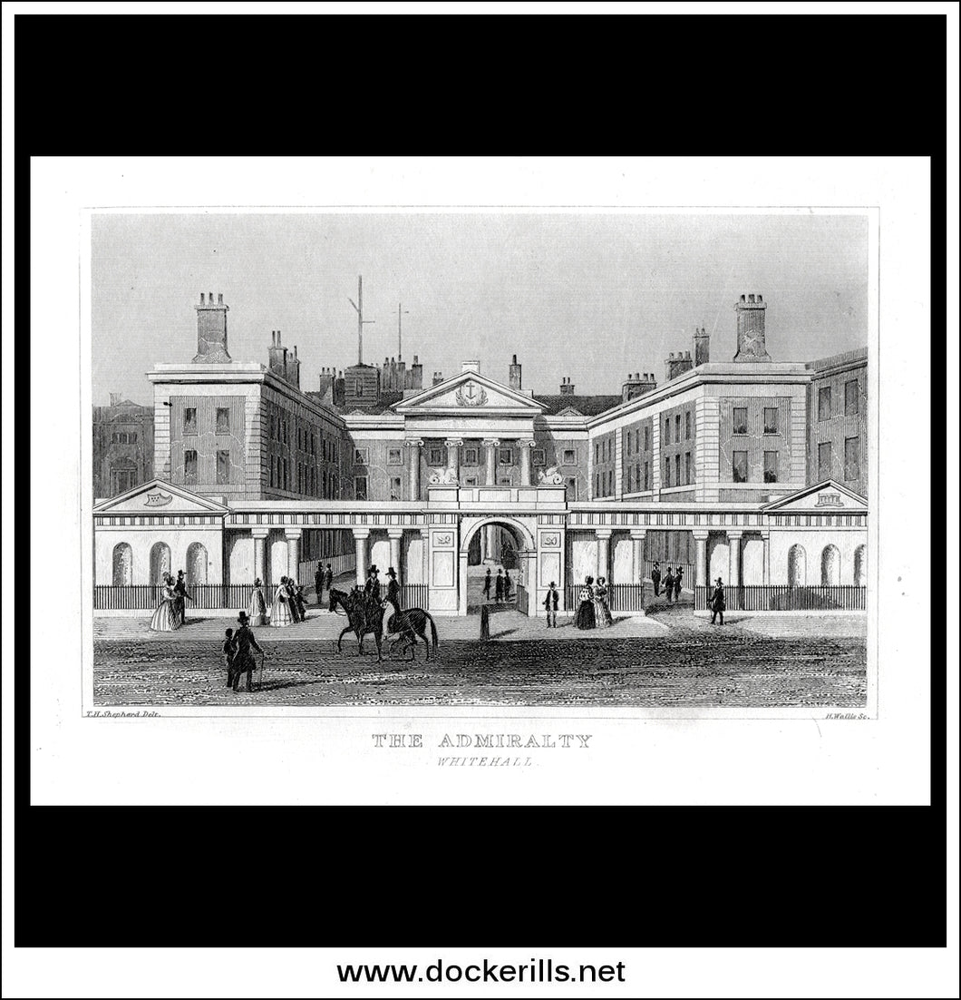 The Admiralty, Whitehall, Middlesex, England. Antique Print, Steel Engraving c. 1846.