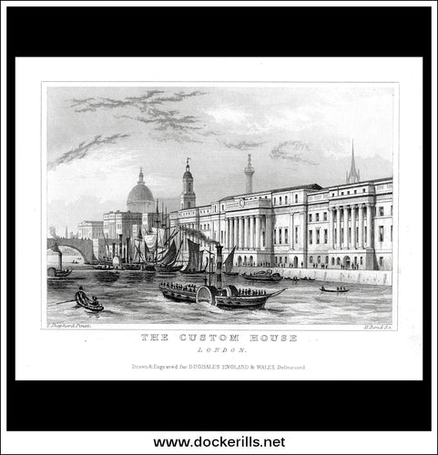 The Custom House, London, Middlesex, England. Antique Print, Steel Engraving c. 1846.