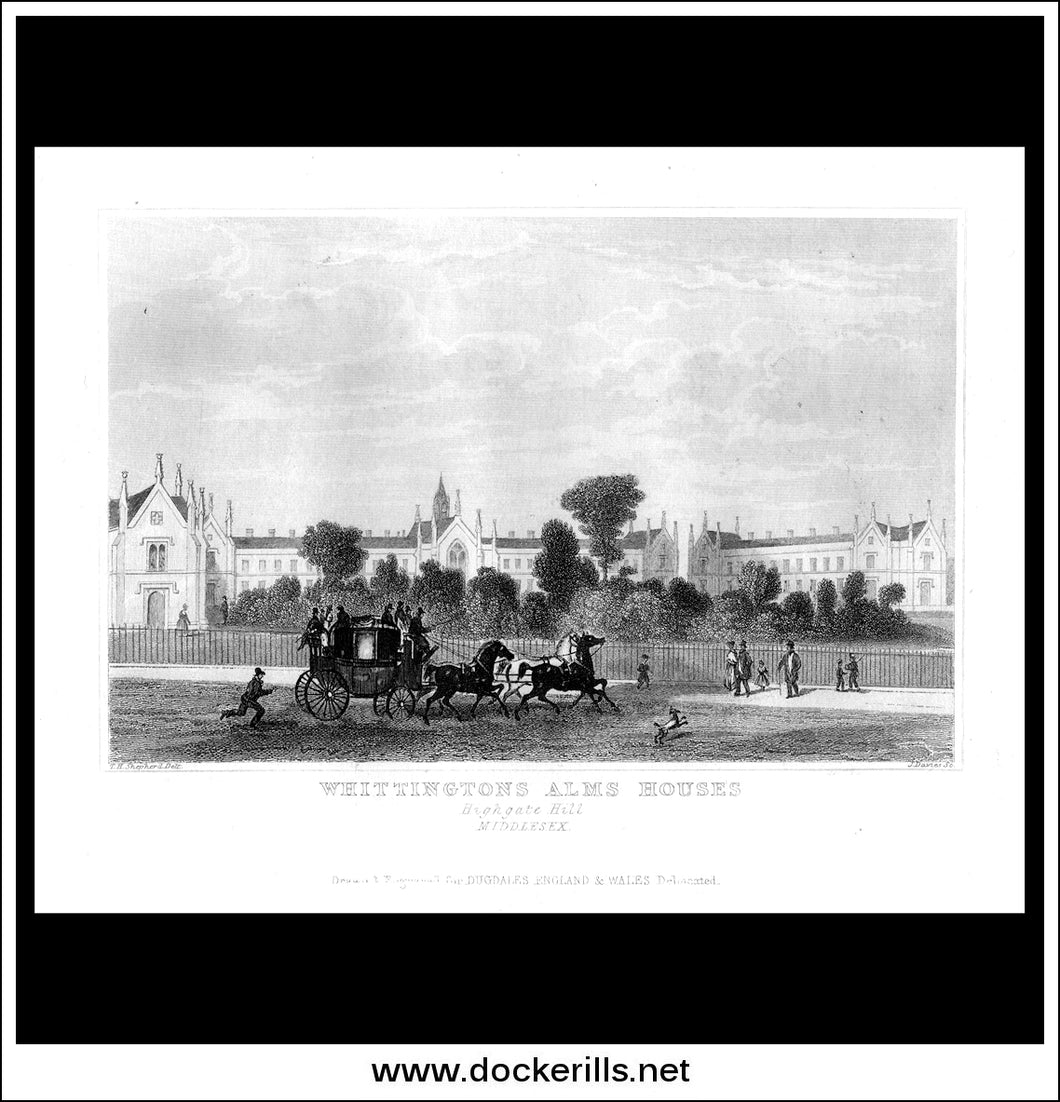 Whittingtons Alms Houses, Highgate Hill, London, Middlesex, England. Antique Print, Steel Engraving c. 1846.
