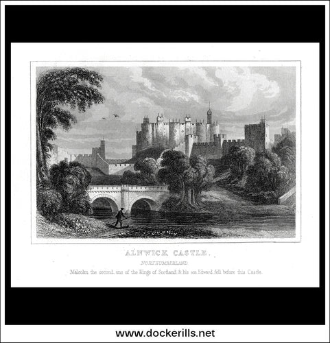 Alnwick Castle, Northumberland, England. Antique Print, Steel Engraving c. 1846.