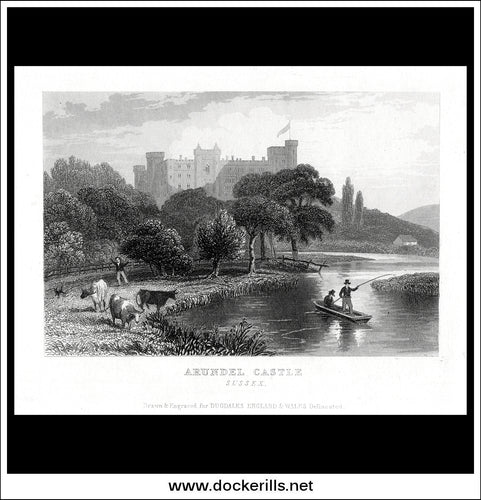 Arundel Castle, Sussex, England. Antique Print, Steel Engraving c. 1846.