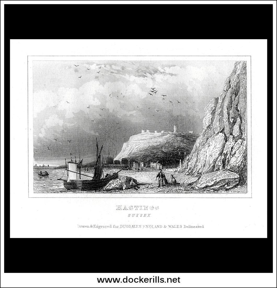 Hastings, Sussex, England. Antique Print, Steel Engraving c. 1846.