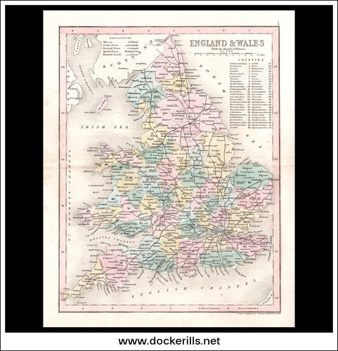 Map Of England And Wales - Counties. Antique Print, Steel Engraving c. 1846.