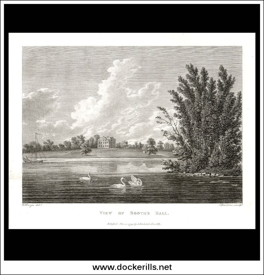 View Of Booth's Hall, Cheshire, England. Antique Print, Copper Plate Engraving 1794.