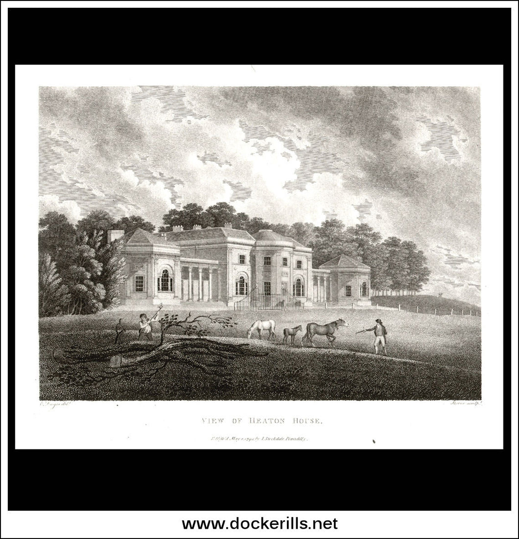 View Of Heaton House, Cheshire, England. Antique Print, Copper Plate Engraving 1795.