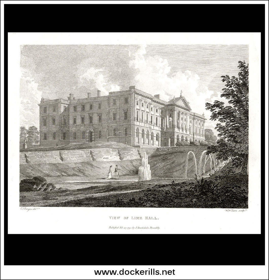 View Of Lime Hall, Cheshire, England. Antique Print, Copper Plate Engraving 1795.
