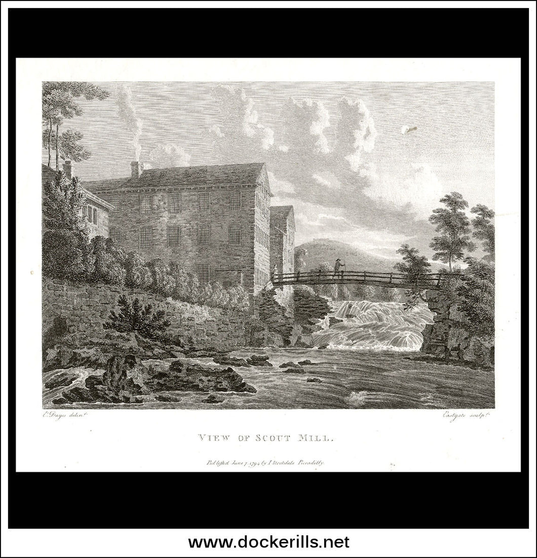 View Of Scout Mill, Cheshire, England. Antique Print, Copper Plate Engraving 1794.