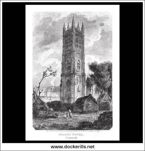 Antique print a view of the Probus Tower Cornwall England
