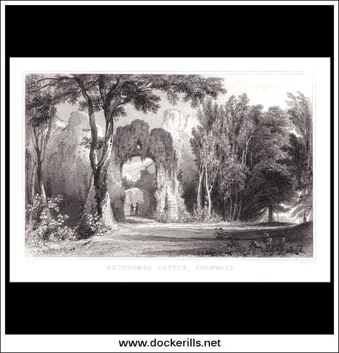 Restormel Castel, Cornwall, England. Antique Print, Steel Engraving 1831.