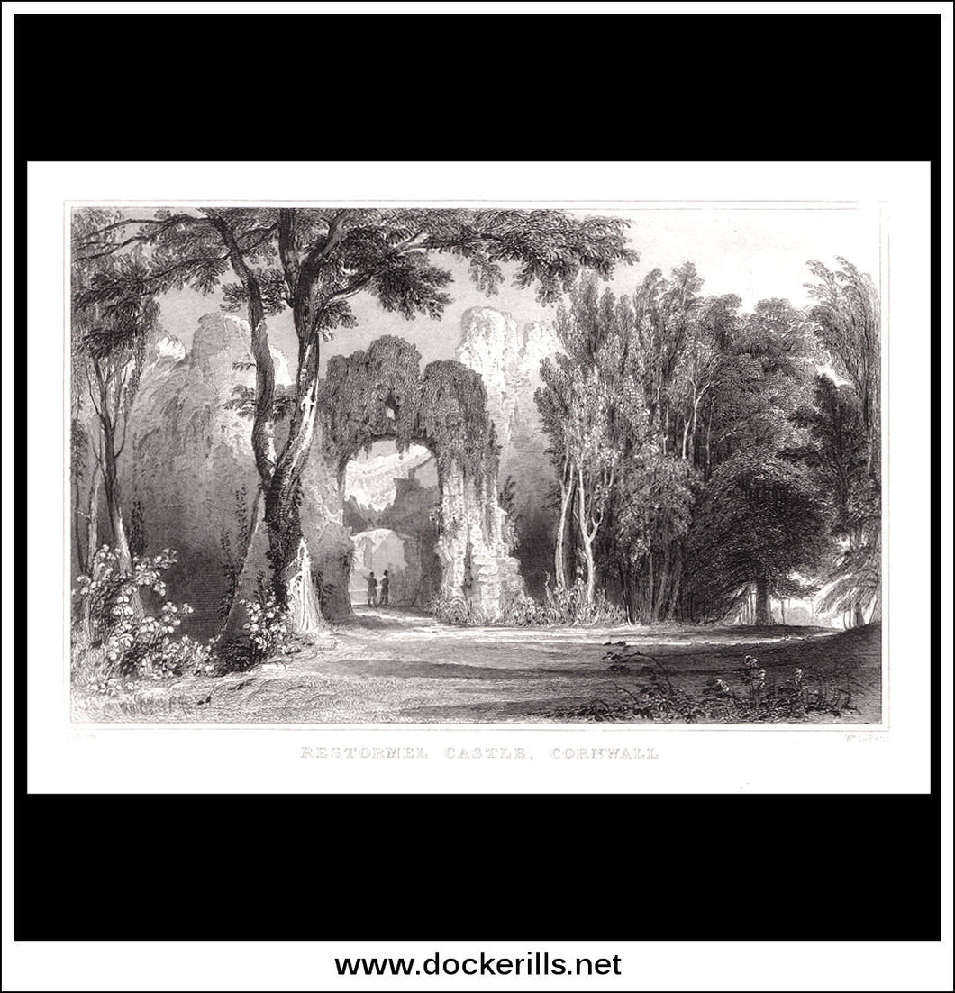 Restormel Castel, Cornwall, England. Antique Print, Steel Engraving 1831.