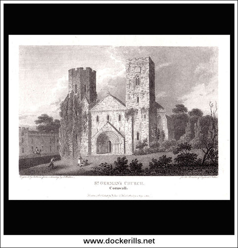 Antique print a view of St. German's Church, Cornwall England