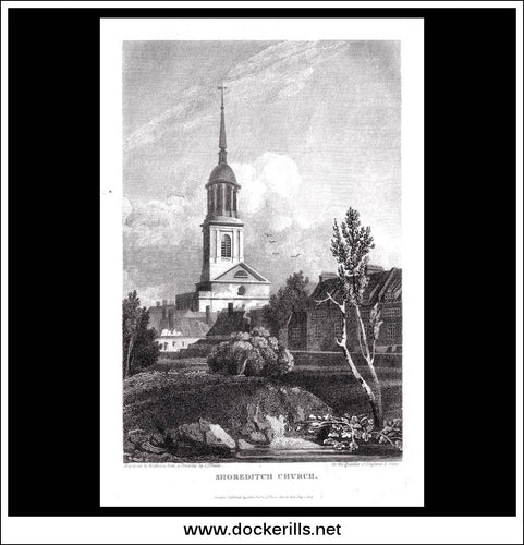 antique print a view of the Shoreditch Church Middlesex England