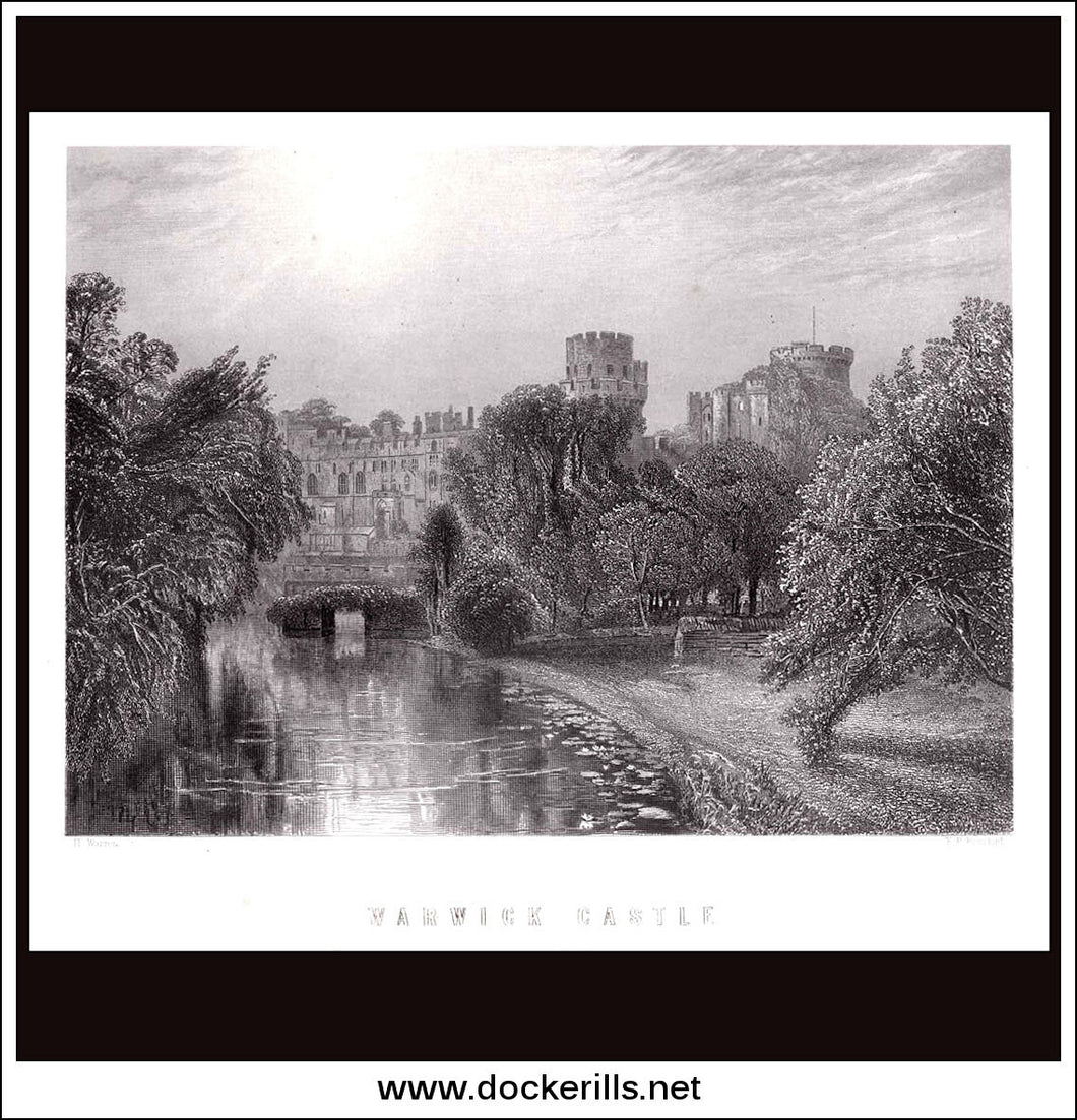 Warwick Castle, Warwickshire, England. Antique Print, Steel Engraving c. 1870.