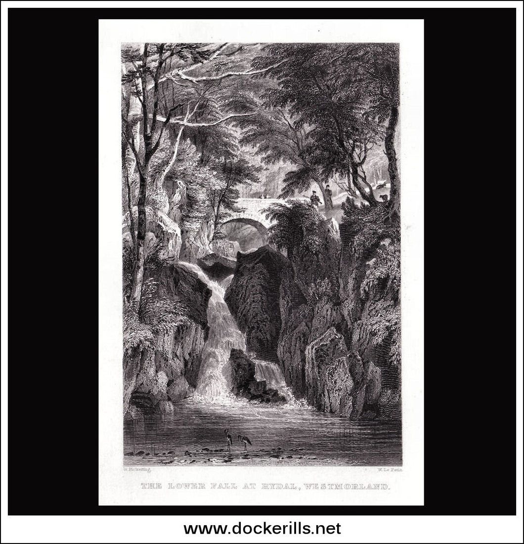 antique print a view of The Lower Fall At Rydal Westmorland England