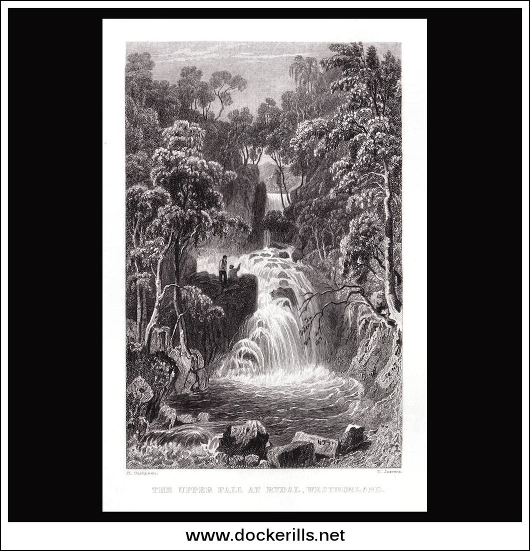 antique print a view of The Upper Fall At Rydal Westmorland England