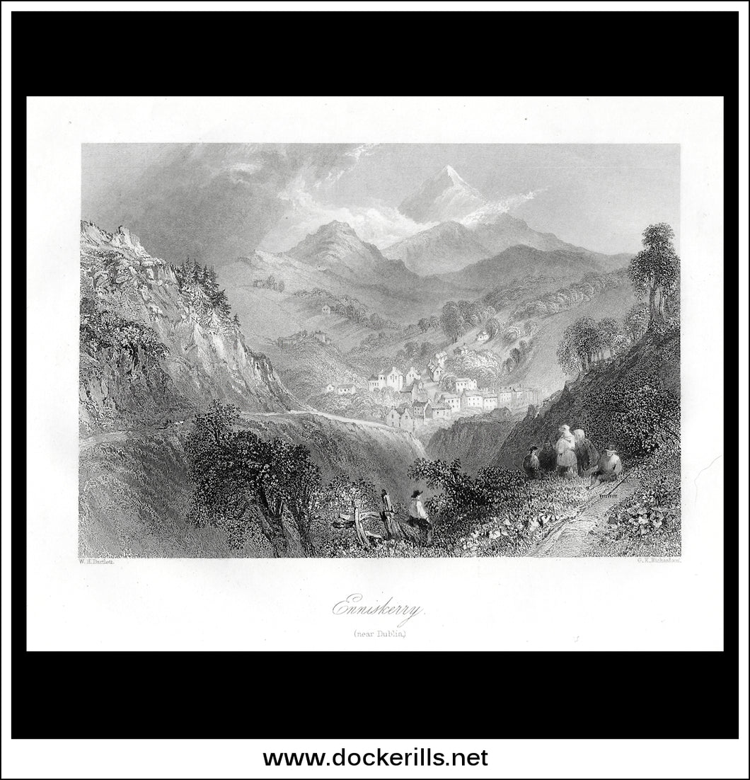 Enniskerry (Near Dublin), Co. Wicklow, Ireland. Antique Print, Steel Engraving c. 1840.