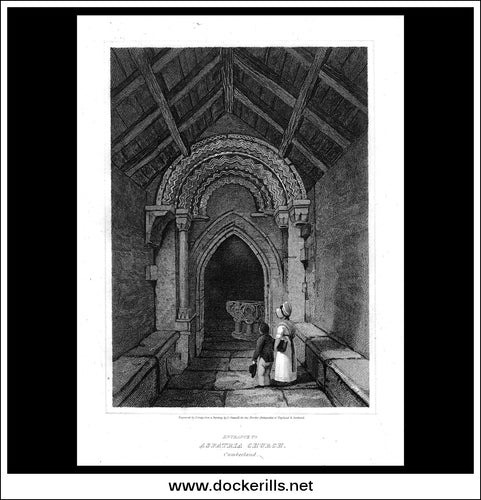 Entrance To Aspatria Church, Cumberland, England. Antique Print, Copper Plate Engraving 1814