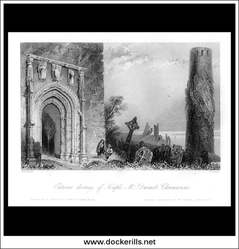 Entrance Doorway Of Temple McDurmot, Clonmacnoise, Co. Offaly, Ireland. Antique Print, Steel Engraving c. 1840.