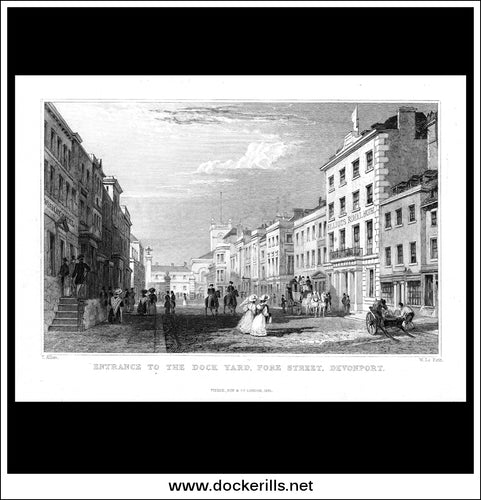 Entrance To The Dock Yard, Fore Street, Devonport, Devonshire, England. Antique Print, Steel Engraving 1831.
