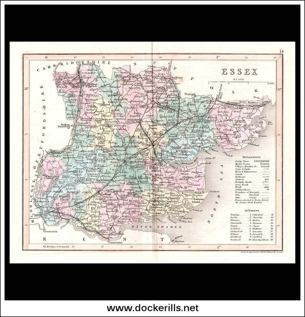 Map Of Essex, England. Antique Print, Steel Engraving c. 1846.