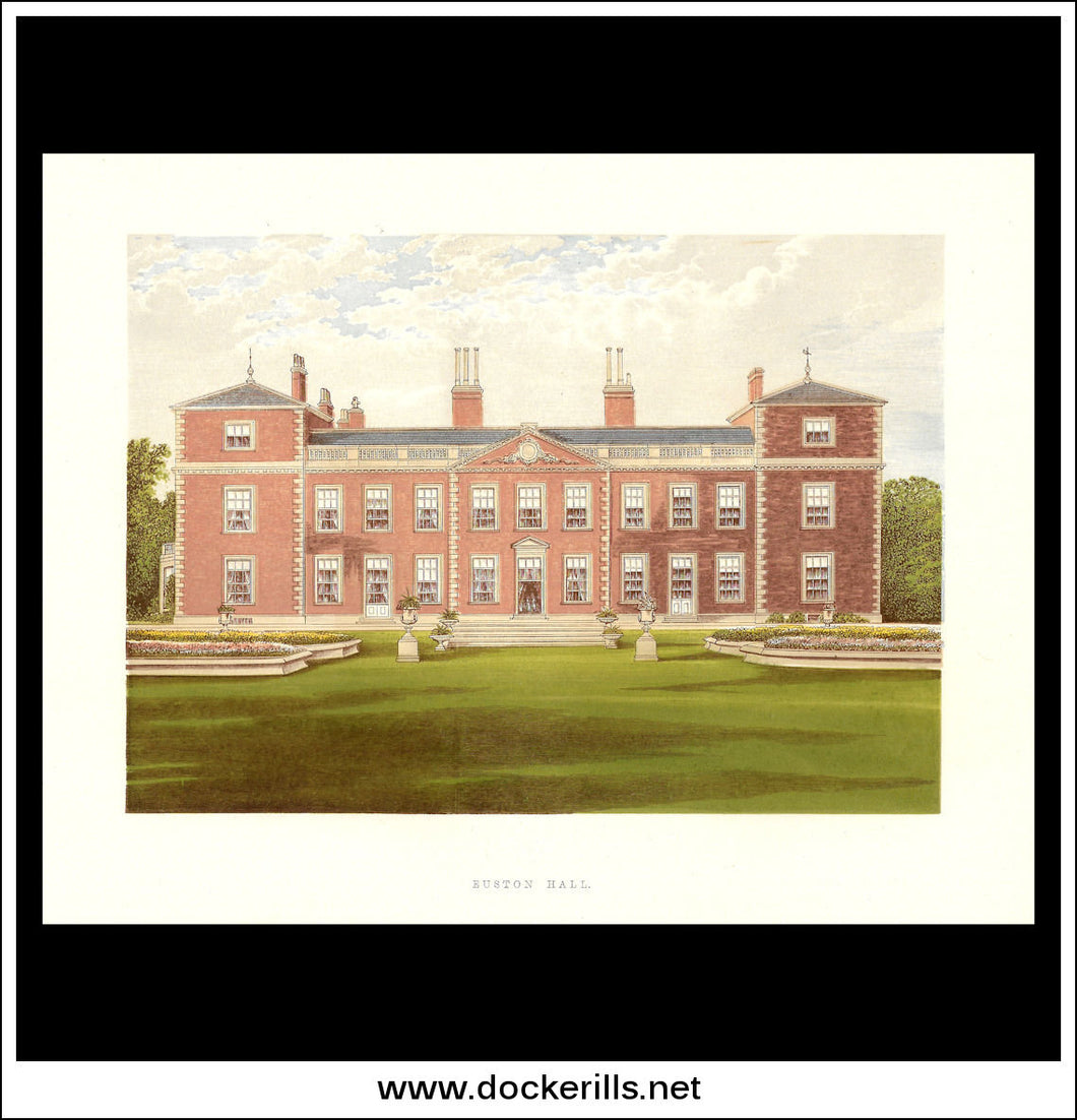 Euston Hall, Near Fakenham, Suffolk, England. Antique Print, Chromoxylograph 1880.