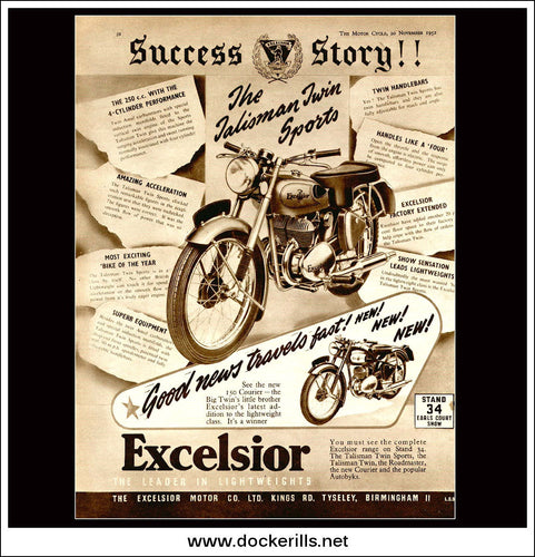 Excelsior Talisman Twin Sports Motorbike. Original Vintage Advert From November, 1952.