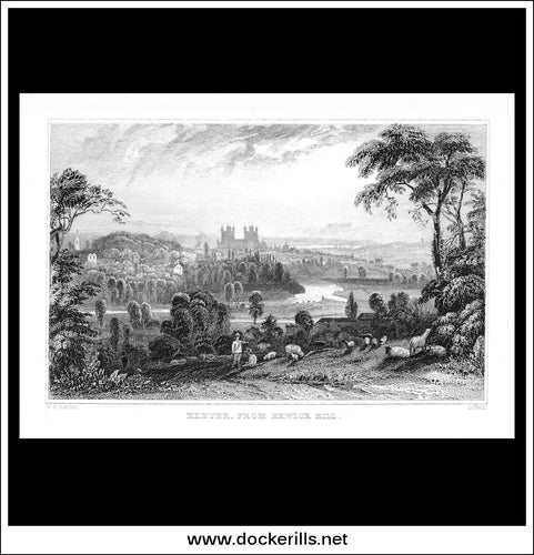 Exeter, From Exwick Hill,  Devonshire, England. Antique Print, Steel Engraving c. 1830.