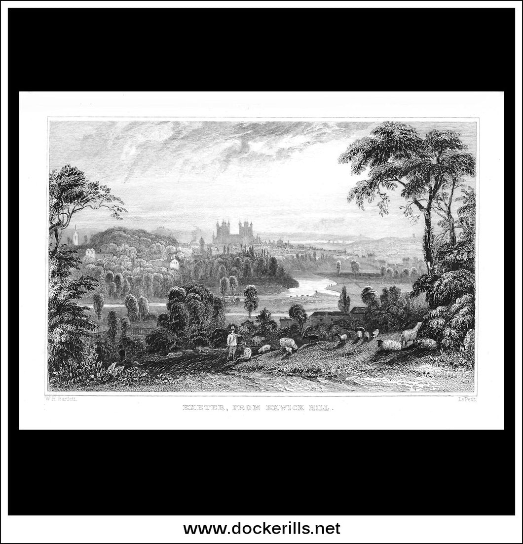 Exeter, From Exwick Hill,  Devonshire, England. Antique Print, Steel Engraving c. 1830.