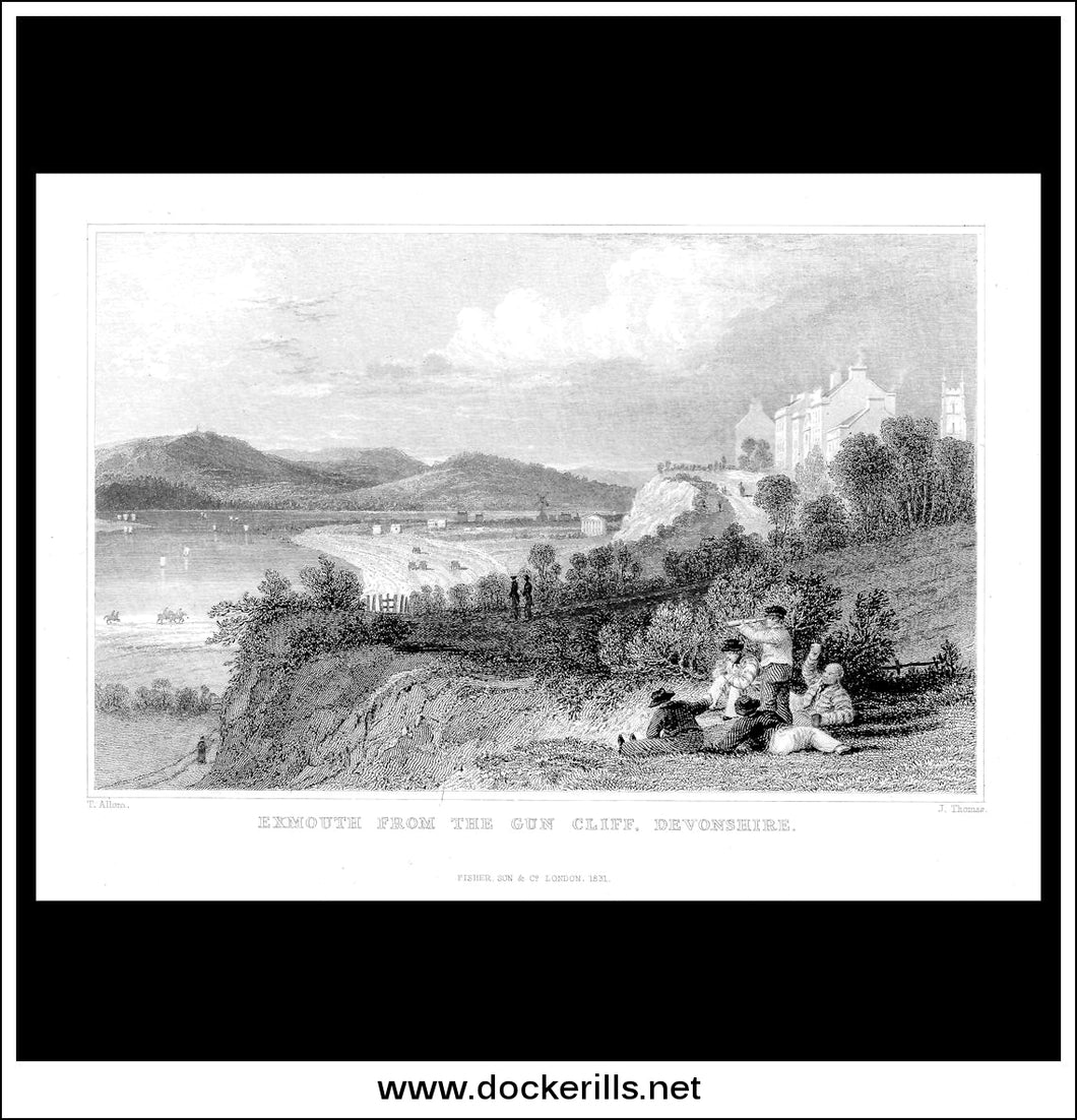 Exmouth From The Gun Cliff, Devonshire, England. Antique Print, Steel Engraving 1831.