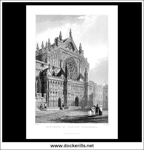 Exterior Of Exeter Cathedral, Exeter, Devonshire, England. Antique Print, Steel Engraving 1831.
