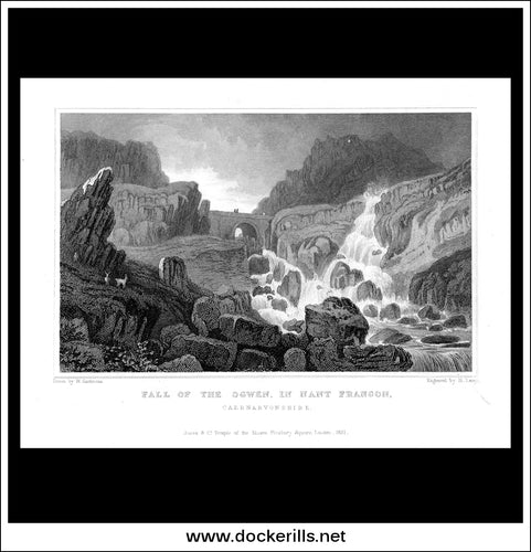 Fall Of The Ogwen, In Nant Francon, Caernarvonshire, Wales. Antique Print, Steel Engraving c. 1830.