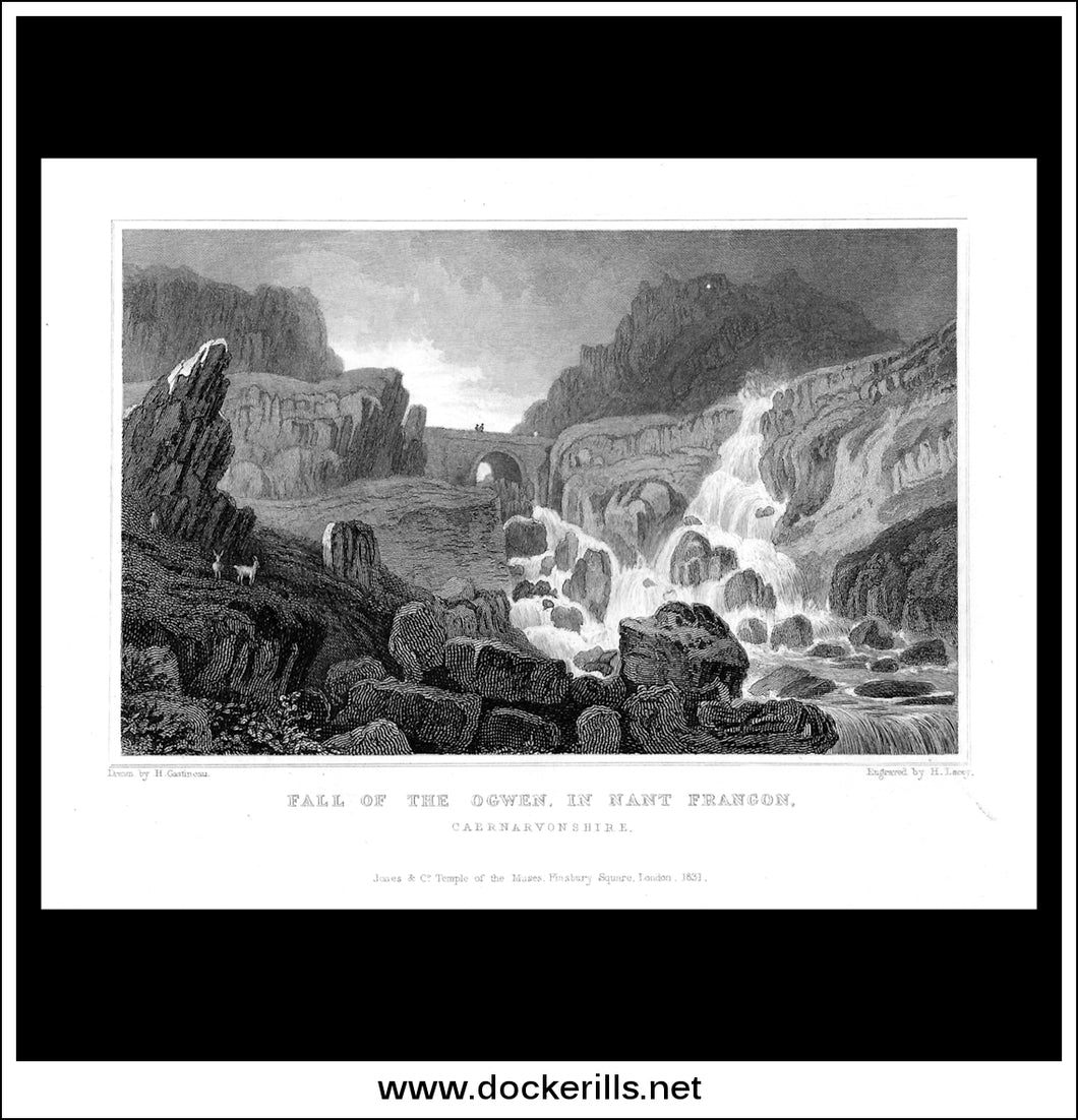 Fall Of The Ogwen, In Nant Francon, Caernarvonshire, Wales. Antique Print, Steel Engraving c. 1830.