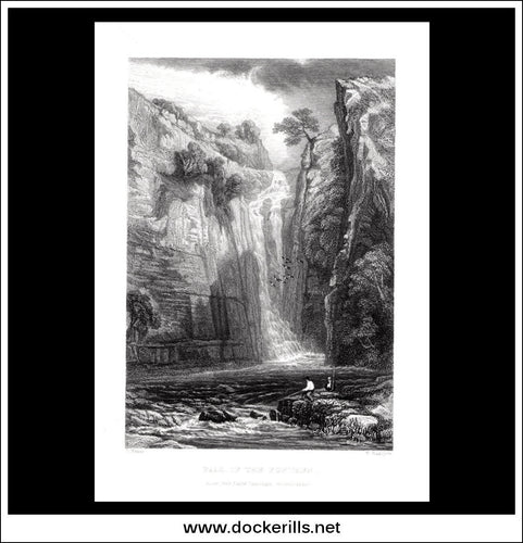 Fall Of The Purthen, Breconshire, Wales. Antique Print, Steel Engraving 1838.