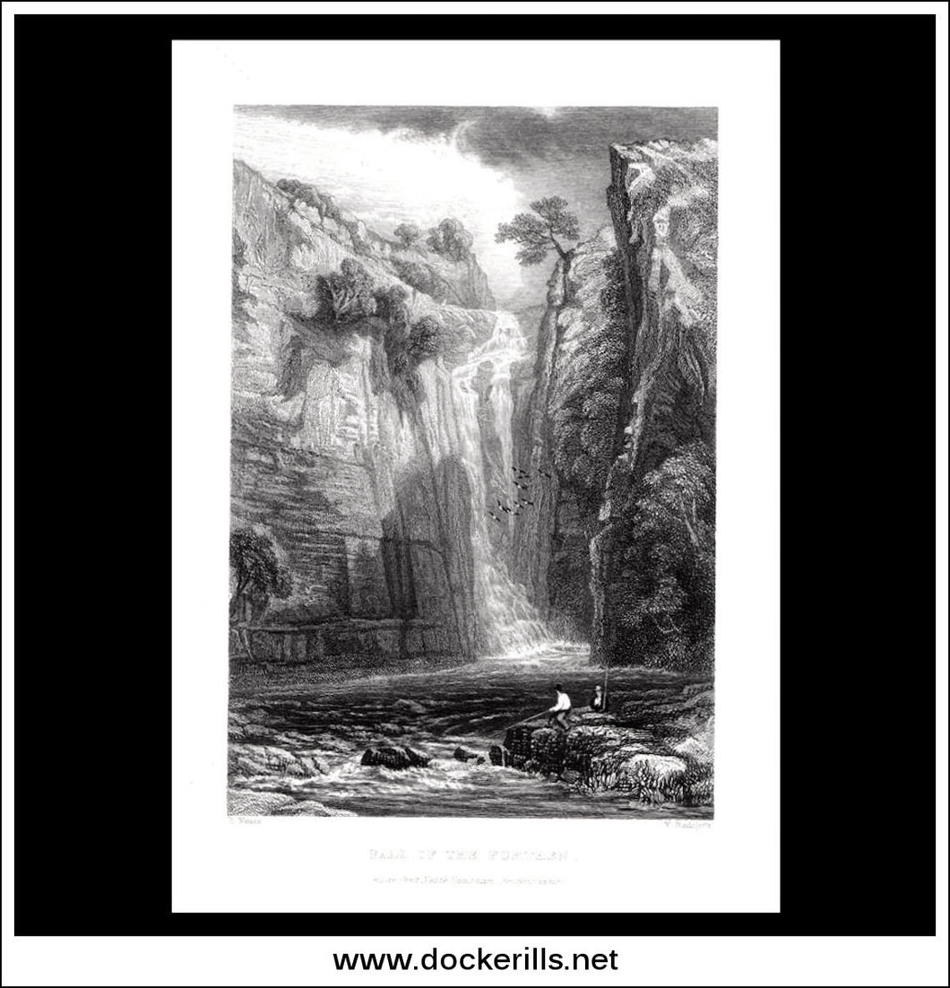 Fall Of The Purthen, Breconshire, Wales. Antique Print, Steel Engraving 1838.