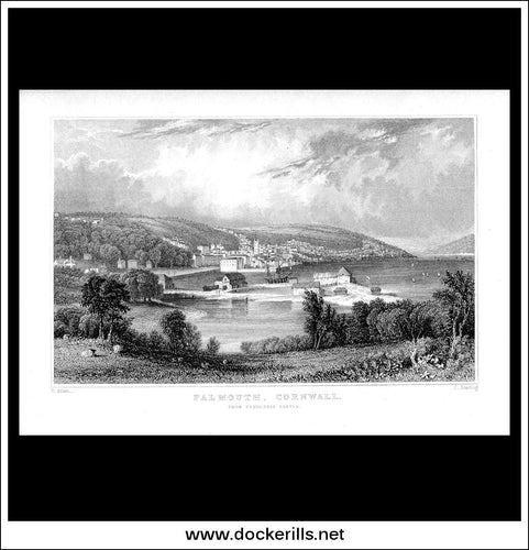 Falmouth, Cornwall, England. Antique Print, Steel Engraving c. 1830.