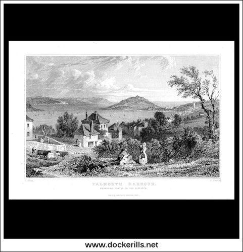 Falmouth Harbour, Cornwall, England. Antique Print, Steel Engraving c. 1830.