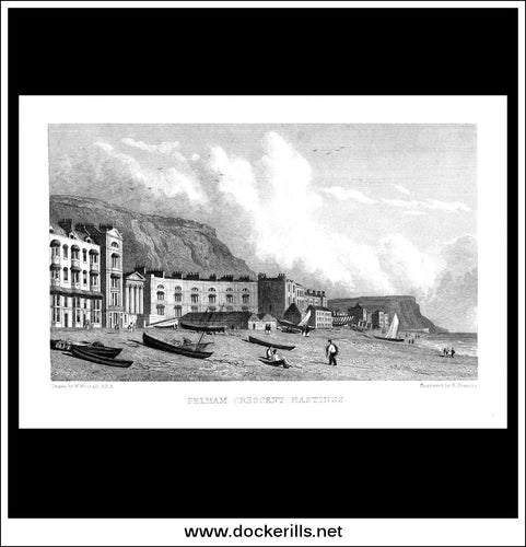 Felham Crescent, Hastings, Kent, England. Antique Print, Steel Engraving c. 1830.